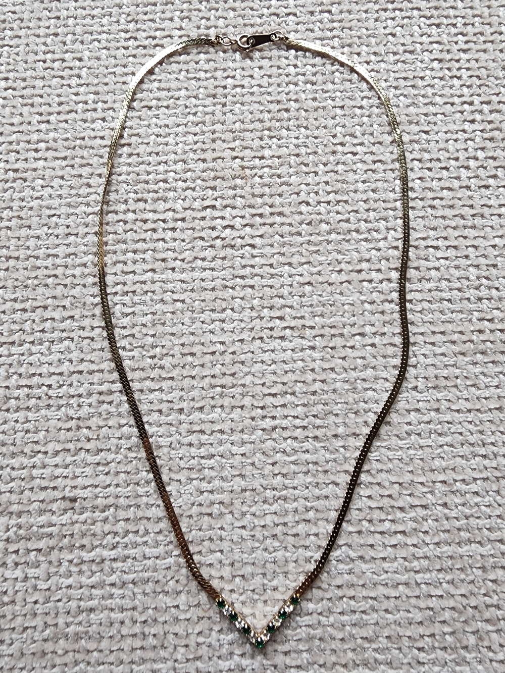 Vintage Avon Gold Tone V Necklace Green & Clear Rhinestones Elegant Statement